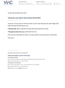 Thông báo Lịch nghỉ lễ Quốc khánh 02/09/2024