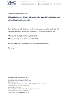 Thông báo lịch nghỉ lễ Ngày Giải phóng miền Nam (30/04) và Ngày Quốc tế Lao động (01/05) năm 2025 