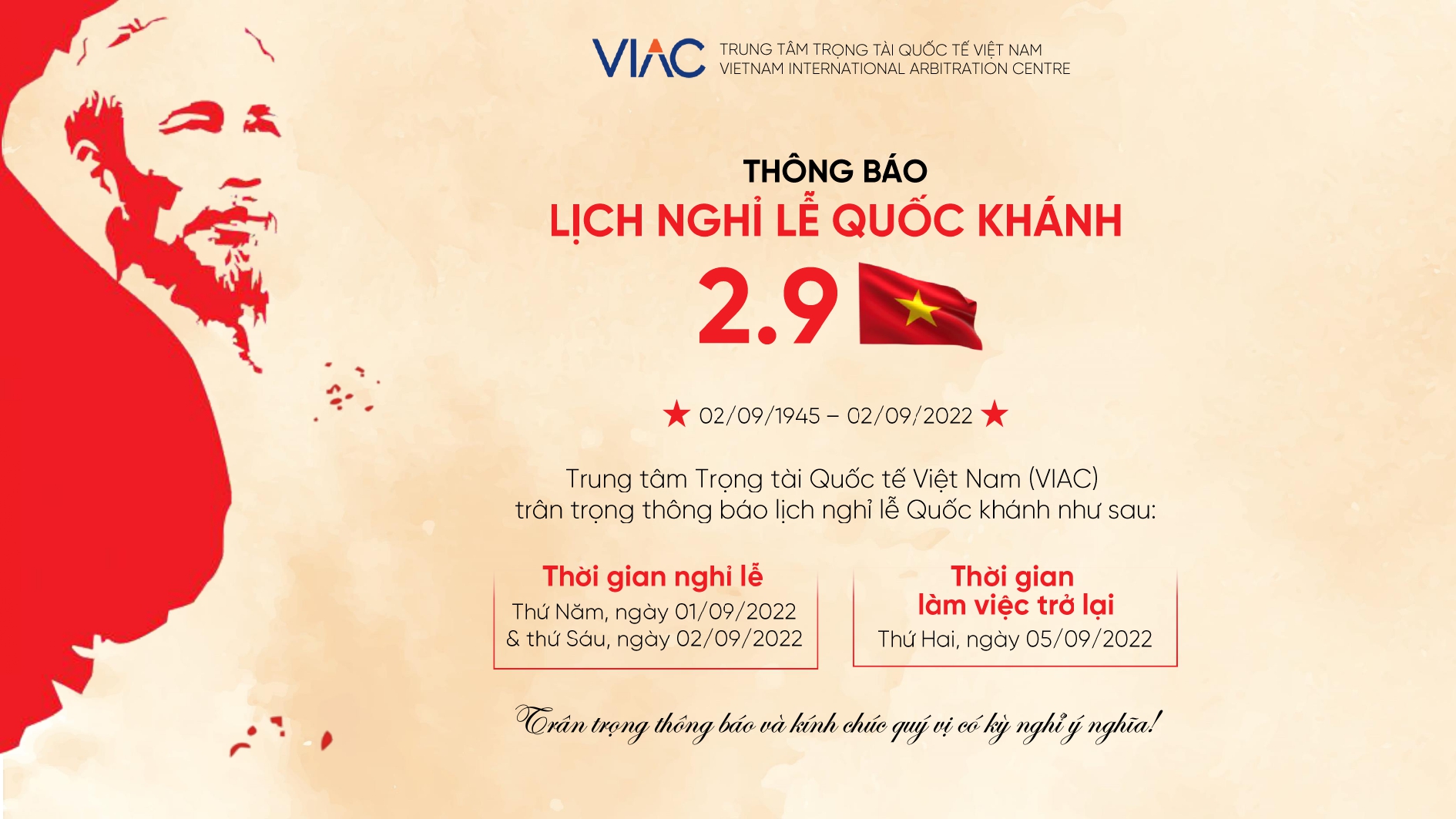 Thông báo Lịch nghỉ lễ Quốc khánh 02/09/2022